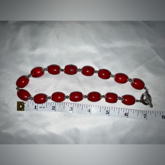 RED CORAL & SILVER TONE BEADED COLLAR NECKLACE 7.5” - Picture 8 of 8